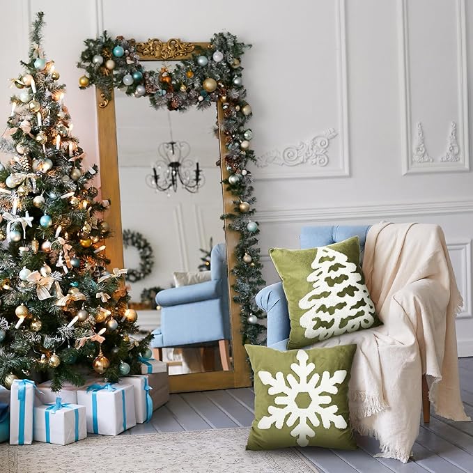 Breling Set of 2 Olive Green Velvet Embroidery Christmas Pillow Covers18x18 Winter Snowflake Pillow Covers Decorative Soft Tufted Luxury Christmas Tree Cushion Cover for Couch Sofa Bed Holiday Decor