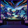 Dermijer Blacklight Forest Mountain Tapestry Sun Tapestry UV Reactive Retro Landscape Tapestries Black Light Watercolor Flower Trees Wall Art Tapestries Wall Hanging for Home Decor 92.5L x 70.8W