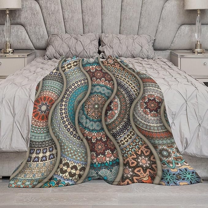 Colorful Bohemian Throw Blanket Vintage Floral Mandala Flower Aztec Boho Blanket for Sofa Bed Couch Chair Or Dorm 60"x80"