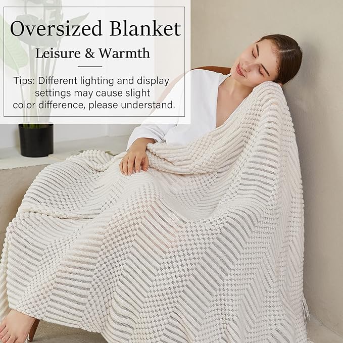 Blagic Knitted Throw Blanket for Couch Soft Farmhouse Boho Throw Blanket with Tassels Home Decorative Lightweight Throw Blankets,White Throws for Bed/Chair/Sofa, Pineapple Textured,50" W x 60" L