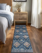 Area Rug 2x10 Rug Machine Washable Non-Slip Low Pile Print Pattern Western Rug for Living Room Bedroom Entryway Tribal Series -Darkblue
