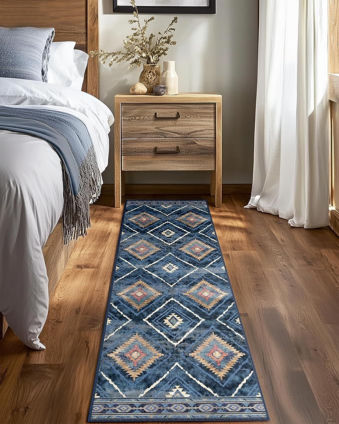 Area Rug 2x10 Rug Machine Washable Non-Slip Low Pile Print Pattern Western Rug for Living Room Bedroom Entryway Tribal Series -Darkblue