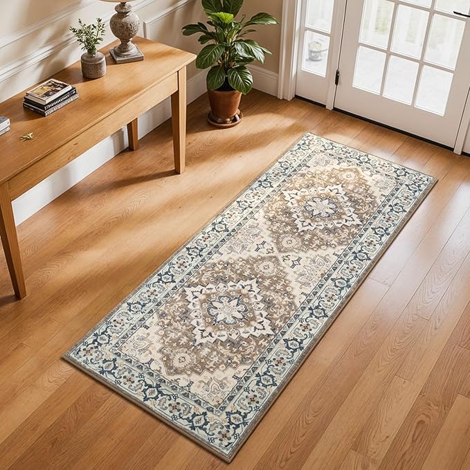 Lessymo 2 x 5 Runner Rug, Machine Washable Area Rugs Boho Faux Wool Low Pile Area Rug for Bedroom, Floral Medallion Vintage Rugs with Non-Slip Rubber, Brown Beige