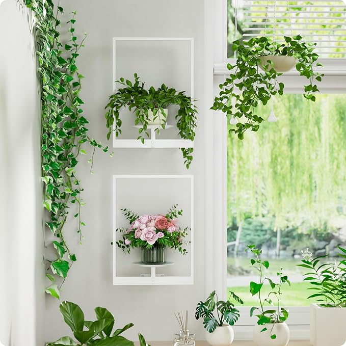 White Metal Wall Plant Holder - 3-Pack Wall Mounted Plant Stands and Hanging Holders for Indoor Planter and Flower Pot -Rectangle Decor Shelf for Plant Storage (Pot Not Included)