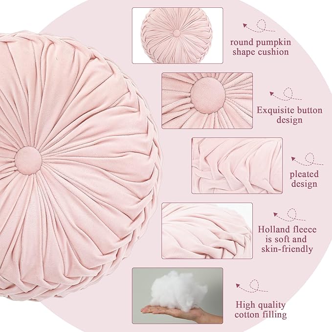 Round Throw Pillows Decorative Pleated Throw Pillows 15'' Diameter Accent Pumpkin Boho Chair Cushion for Couch Sofa Home Decoration(Pink,1 Pcs)