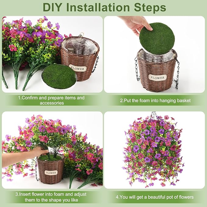 Artificial Flowers Hanging Baskets, 4 Bundles Outdoor Hanging Basket Spring Summer Decoration, No Fade Realistic Fake Flowers Plants for Porch Patio Balcony Home Yard Decor(Light Purple Red)