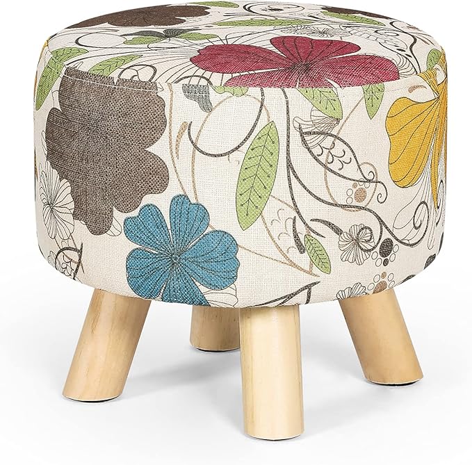 Asense 11-inch Round Ottoman Footstool,Small Padded Seat with Wood Legs,Foot Rest Stool for Living Room Bedroom Couch,Flower