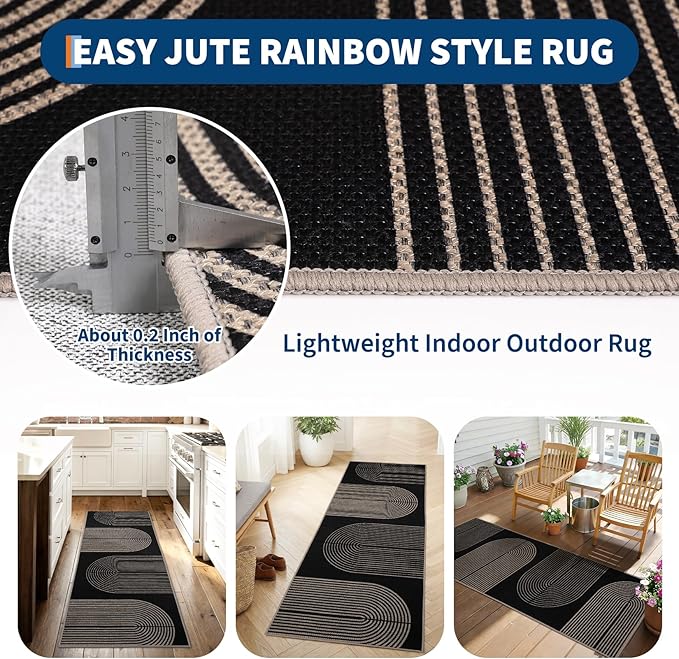 GarveeHome Modern Rainbow Easy Jute Runner Rug, 2x8 Runner Rug for Hallways - Non-Slip Indoor Outdoor Carpet, Washable for High Traffic Laundry Room, Kitchen, Entryway