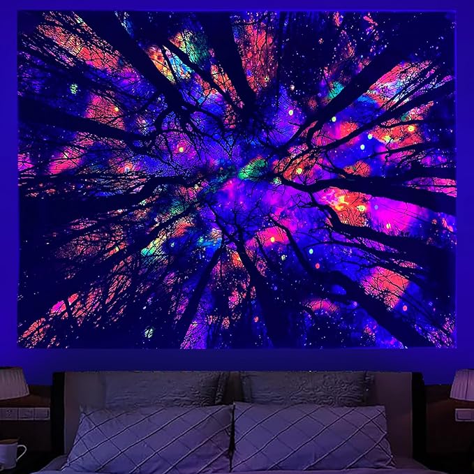 Blacklight Galaxy Forest Silhouette Tapestry for Bedroom Night Sky Ceiling Tapestry for Bedroom Decor Dark Forest Stars Tapestries Glow in the Dark Starry Night Tapestries UV Reactive Dorm Decor 71x90