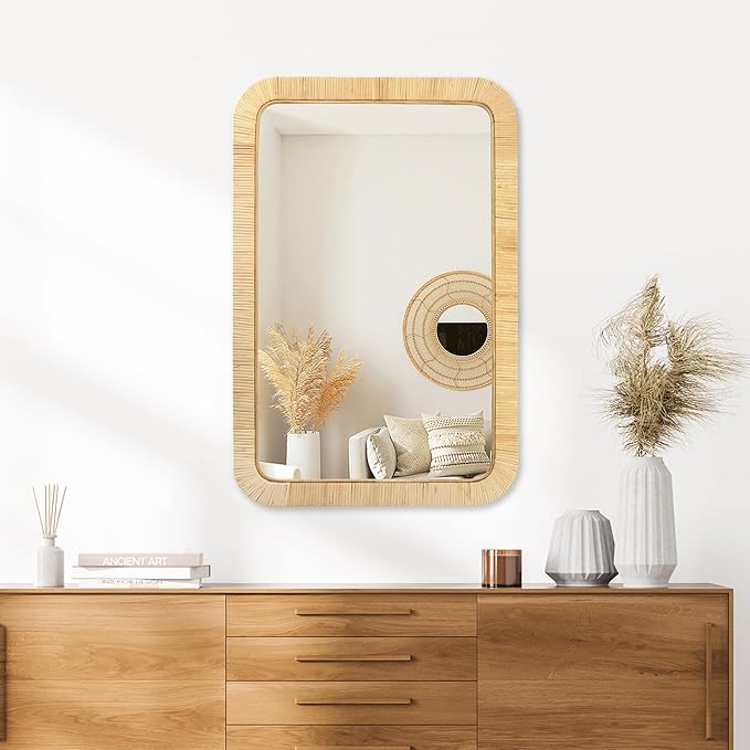 PERFNIQUE Rattan Mirror, 30'' x 20" Rectangle Boho Bathroom Mirror, Decorative Wall Nursery Decor, Rustic Farmhouse Handmade Wicker Mirror for Bathroom Bedroom Entryway Living Room Decor