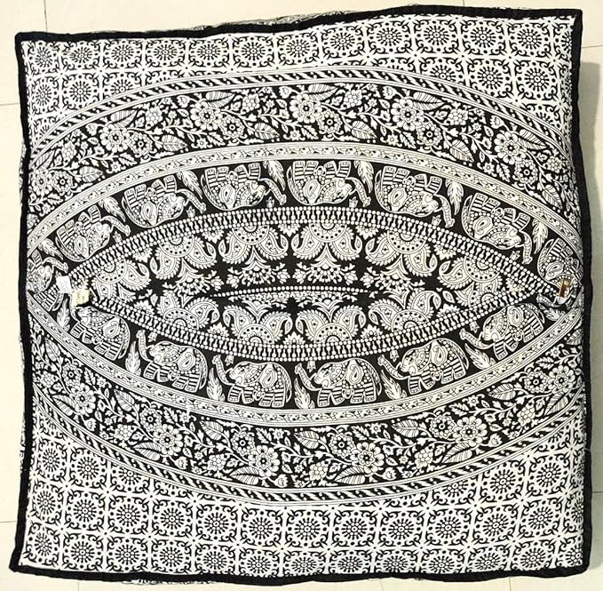 Black White Elephant Flower Mandala Mandala Barmeri Large Floor Pillow Cover Cushion Meditation Seating Ottoman Throw Cover Hippie Decorative Zipped Bohemian Pouf Ottoman Cases 24 " square