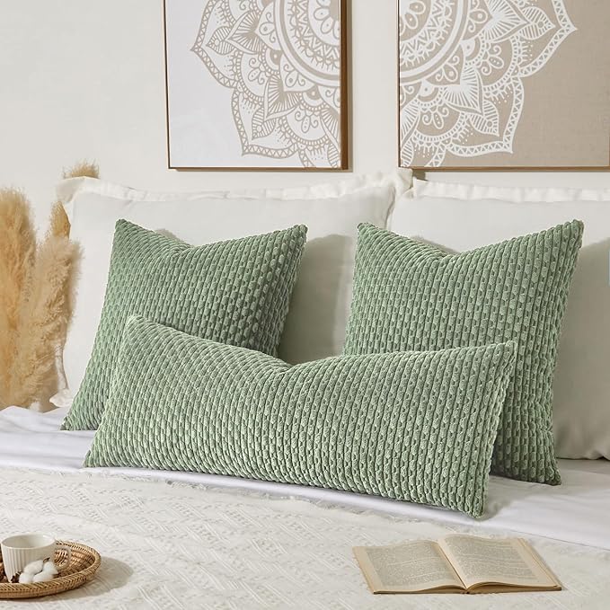 Kevin Textile Spring 20x54 Inch Long Body Lumbar 1 Pack Boho Decorative Throw Pillow Cover Soft Striped Corduroy Rectangle Cushion Case Farmhouse Accent for Living Room Couch Sofa Bed, Sage Green