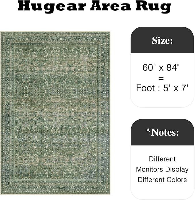 HUGEAR Area Rug 5x7 Vintage Green Machine Washable Living Room Rugs Distressed Retro Floral Vacuumable Low Pile Carpet Bedroom Office Dining Room Laundry Room Non Slip Soft Lightweight
