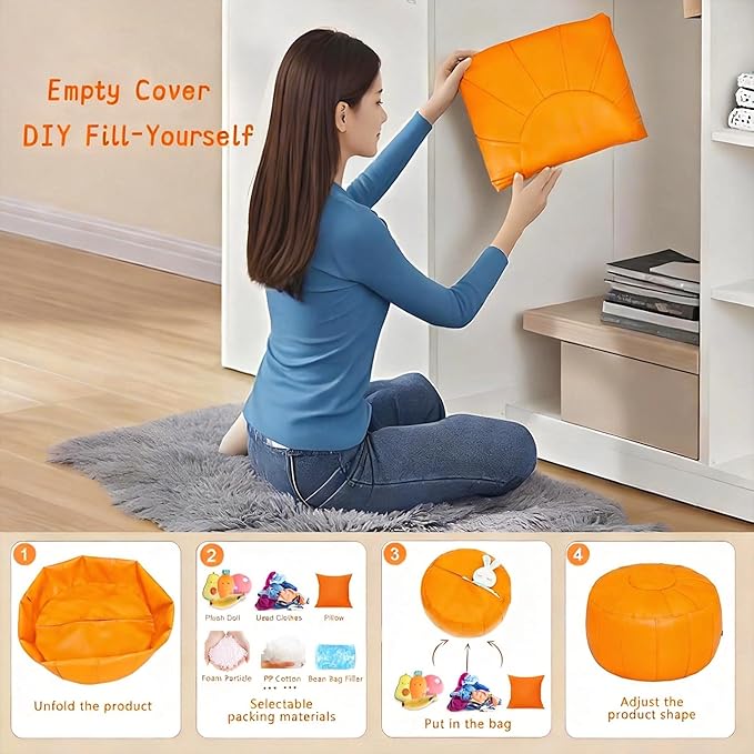 Leather Pouf - 20”Dx12”H, Wash-Free Tech Fabric Pouf Unstuffed Ottoman Moroccan Footstool, Floor Footrest Cushion, Storage Solution, Natural Orange Color Unstuffed Faux Leather Cover (Orange)