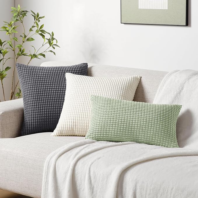Softalker Throw Pillow Covers 16x16 Inch, Set of 2, Soft Corduroy Boho Stripe Decorative Pillow Cover, Couch Fluffy Pillow Cover for Farmhouse Home Decor Bed Living Room, Dark Grey