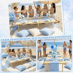 91 x 71 Extra Large Outdoor Boho Picnic Blanket with Table Runner Light Blue, 6 Throw Pillow Covers 6 Napkins Woven Cotton Yarn Oversize Beach Blanket Washable Picnic Camp Wedding