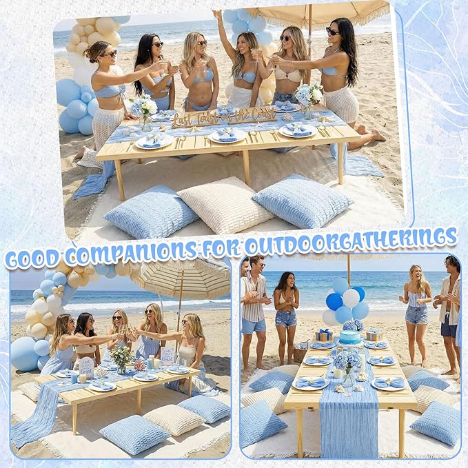 91 x 71 Extra Large Outdoor Boho Picnic Blanket with Table Runner Light Blue, 6 Throw Pillow Covers 6 Napkins Woven Cotton Yarn Oversize Beach Blanket Washable Picnic Camp Wedding