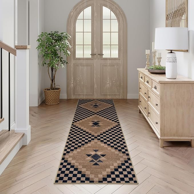 LIVEBOX Easy Jute Runner Rug for Entryway, 2x6 Runner Rug Kitchen Rugs Non Slip, Washable Black Checkered Indoor Runner Rugs for Laundry Room Bedroom, Carpet Runners for Hallway 6ft