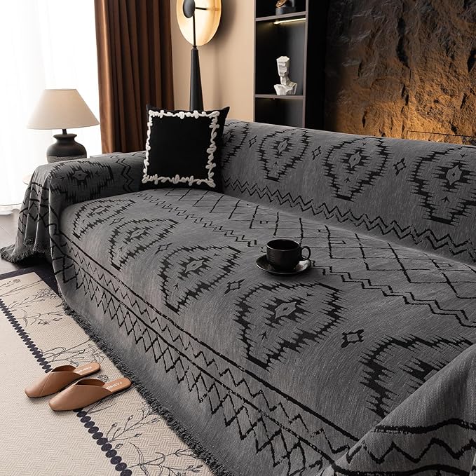 VClife Couch Cover Bohemian Tribal Sofa Cover Washable Sofa Protector, Non Slip Dark Gray Couch Covers for 2 Cushion Couch Sofa Thick Soft Chenille Sofa Slipcover 71"X118"