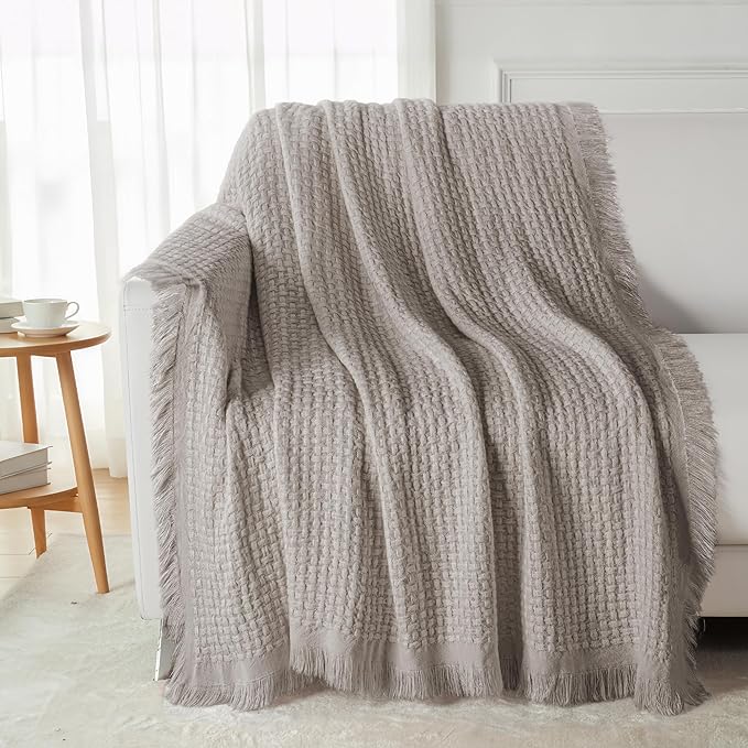 Exclusivo Mezcla Knit Throw Blanket with Fringes for Couch, Reversible Super Soft and Warm Woven Boho Throw for All Season, Home Decor, 50"x60", Taupe