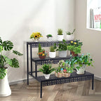 aboxoo 3 Tier Stair Style Large Metal Plant Stand, Garden Display Shelf Flower Pot Holder Storage Organizer Rack for Indoor Home Outdoor Patio Balcony Yard( Black, Rectangle)