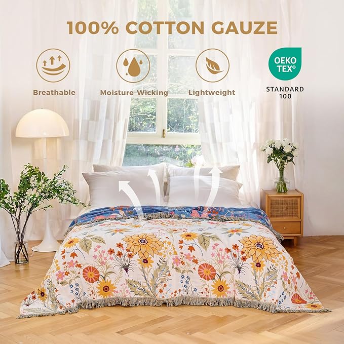 Boho Throw Blanket for Couch Sofa Chair Cotton Spring Breathable Blankets for Bedroom Living Room All Season Soft Lightweight Reversible Floral Embroidery Throws Home Decor 50"x60"