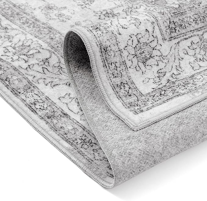 Grey Gray Area Rug 2x3 Washable Vintage Small Carpet for Entryway Kitchen Soft Retro Low Pile Thin Door Mat Non Slip Oriental Medallion Throw Rug for Bathroom Office Bedroom Dining Room