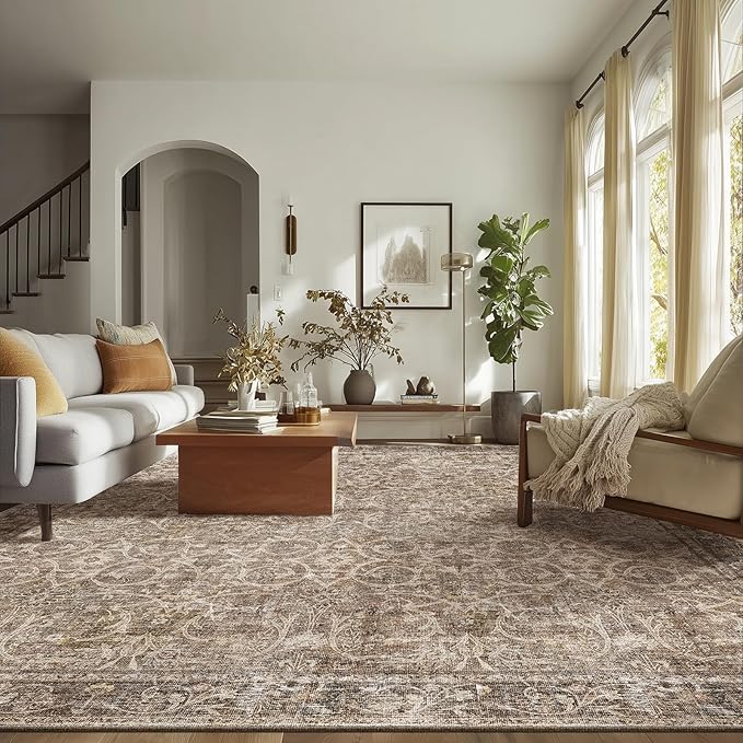 Washable Rugs for Living Room: 9x12 Area Rugs for Bedroom Ultral Soft Non-Slip Stain Resistant Vintage Boho Large Carpet for High-Traffic Dining Room - Farmhouse Decor
