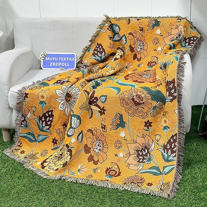 Snycler Boho Throw Blanket for Bed 50 * 60inch Woven Blanket Cotton Polyester Farmhouse Decor for Indoor Outdoor Sofa Bedroom Garden，All Season(Yellow)
