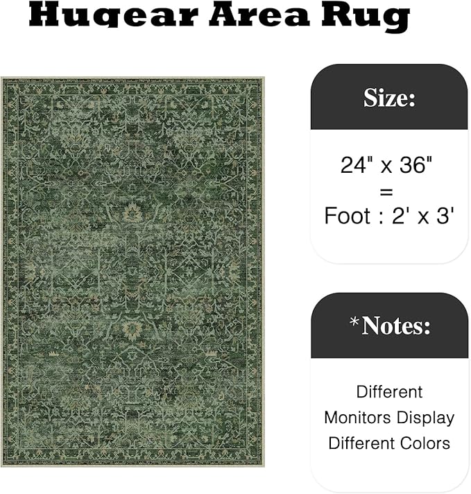 HUGEAR 2x3 Entryway Area Rug Retro Green Small Rug Machine Washable Door Mat Vintage Floral Low Pile Carpet Vacuumable Distressed Throw Rug Entrance Kitchen Bathroom Bedroom Non Slip Lightweight