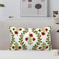 Alysheer Floral Embroidered Summer Lumbar Decorative Throw Pillow Cover 12"x 20", Farmhouse Cottage Red Flowers Green Leaves Patterned Cotton Canvas Cushion Case for Sofa Couch Bed Living Room Decor