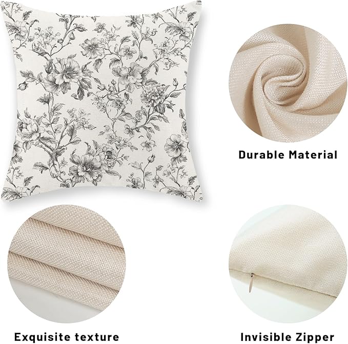 Black and Cream Pillow Covers 16x16 Set of 2 Vintage Floral Chinoiserie Throw Pillows Rustic Toile Flower Decorative Pillow Cases Outdoor Chinoiserie Decor Linen Cushion Case for Couch Sofa