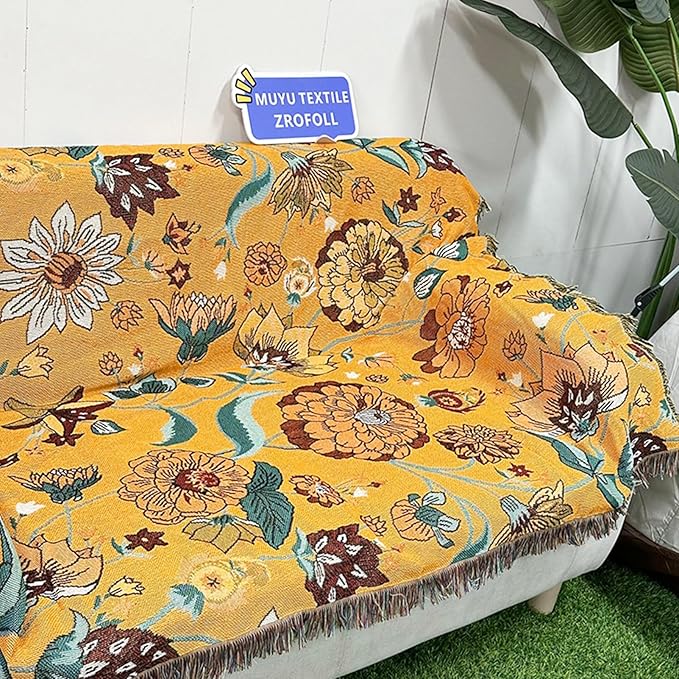 Snycler Boho Throw Blanket for Bed 50 * 60inch Woven Blanket Cotton Polyester Farmhouse Decor for Indoor Outdoor Sofa Bedroom Garden，All Season(Yellow)