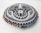 CRAFT KALA 32" Large Round Bohemian Floor Pillow Pouf Cover Mandala Meditation Room Pillow Cover for Adults Boho Seating Poufs Cushion Cover for Kids Playroom Black Hamsa Hand