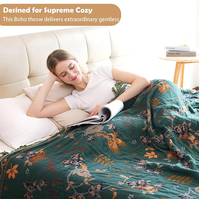 Boho 100% Organic Cotton Muslin Throw Blanket 50" x 60" - All Season Rustic Ultra Soft Breathable Floral Bird Blanket for Bed Sofa Couch Chair Bedspread Quilt Gift-Teal/Beige