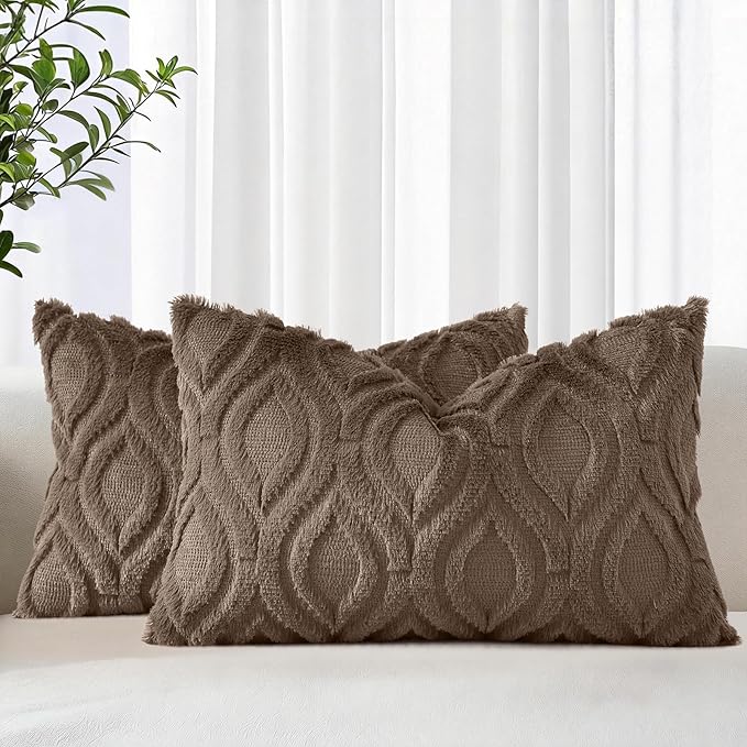 decorUhome Cozy Textured Throw Pillow Covers 12x20 Inch Set of 2, Soft Plush Faux Wool Brown Accent Couch Pillow Covers for Modern Farmhouse Sofa Bed Living Room