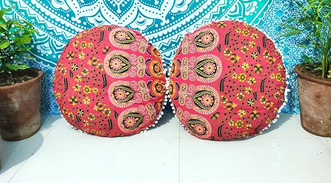 CRAFT KALA Mandala Floor Pillow Cushion Cover Seating Throw Cover Hippie Decorative Bohemian Ottoman Poufs Pom Pom Pillow Cases Boho Indian Cotton Living Room Home Décor 24" Round Set Of 2, Red Mirchi