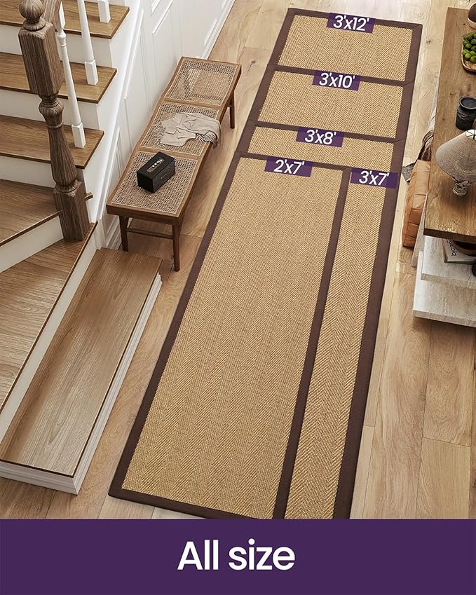 DEXI Jute Hallway Runner Rug 3x12, Woven Braided Natural Fiber Non Slip Runner Inside, Farmhouse Runners Carpet Indoor for Entryway Kitchen Luandry, Natural/Brown