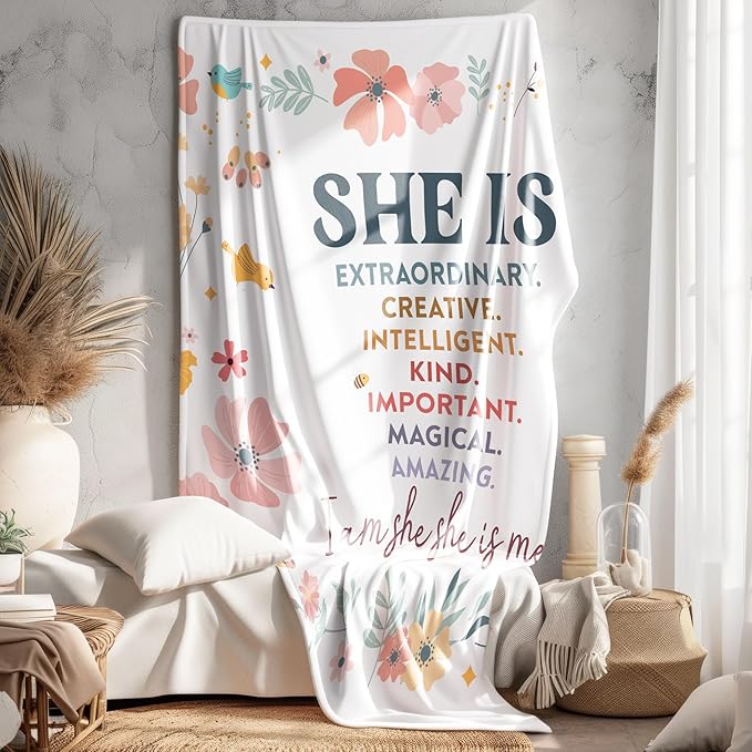 Inspirational Gifts for Women, Boho Inspirational Blanket, Birthday Gifts for Women Sister Grandma, Flower Motivational Positive Throw Blankets for Girly Room Bedroom Home Decor, 50x60 in