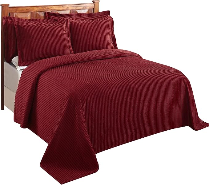 Better Trends Chenille Bedspreads King Size, Burgundy 100% Cotton Chenille Stripe Design Tufted Bedding Coverlet Soft Lightweight, 120"x110" with 2 King Sham 3 Pieces Set Jullian Collection