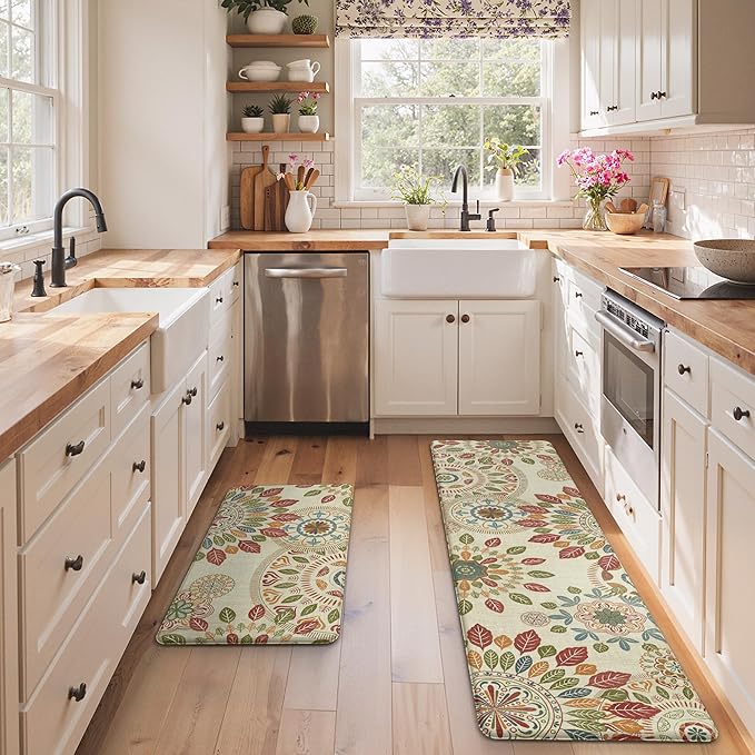 GENIMO Kitchen Mats for Floor 2PCS, Cushioned Kitchen Rugs Non Slip Washable, Farmhouse Anti Fatigue Mat Waterproof, Comfort Standing Mat Rug for Office, Home, Laundry, 17.3"x59"+17.3"x30", Beige&Red
