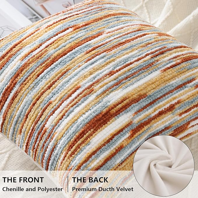 decorUhome Boho Decorative Throw Pillow Covers 18x18 Set of 2, Striped Chenille Tufted Pillow Covers with Tassels for Couch Bed Sofa, Rust