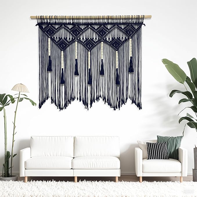 Youngeast Large Macrame Wall Hanging Boho Woven Tapestry Bohemian Macrame Wall Decor Handmade Tassel Tapestry Home Decoration for Bedroom Living Room 39"X31" (Wood Dowels Not Included) (Navy)