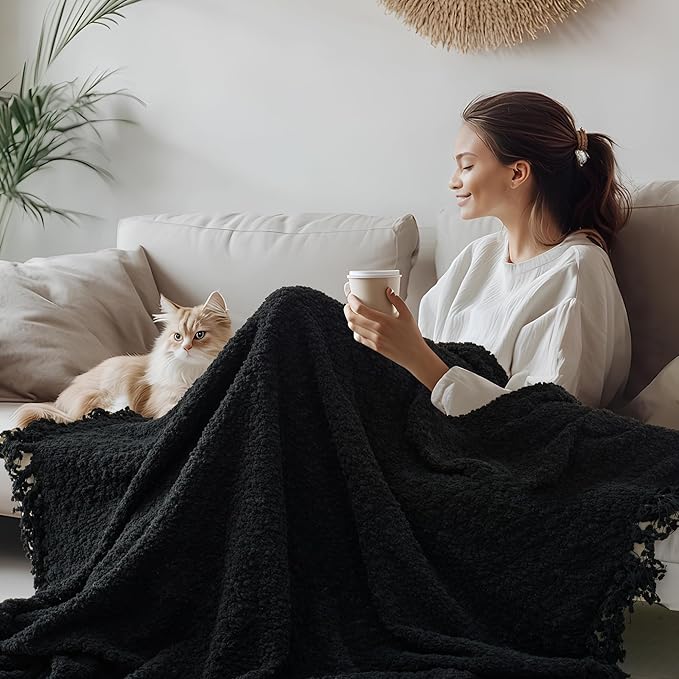 Throw Blanket for Couch, Black Luxury Knitted Throws 50"x60", Textured Blankets with Handmade Fringe Tassels for Bed Sofa Decorative, Chunky Soft Farmhouse Boho Home Decor