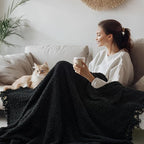 Throw Blanket for Couch, Black Luxury Knitted Throws 50"x60", Textured Blankets with Handmade Fringe Tassels for Bed Sofa Decorative, Chunky Soft Farmhouse Boho Home Decor