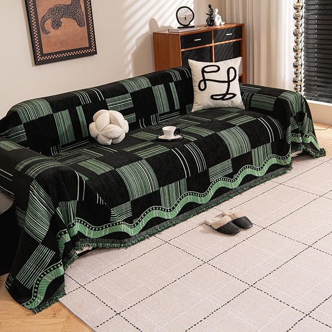 ROOMLIFE Ink Green Couch Cover Sofa Covers, Chenille Couches Covers for 3 Cushion Sofas, Non Slip Soft Breathable Sofa Slipcovers for Pet, Washable Furniture Protector with Tassel,71''X134”