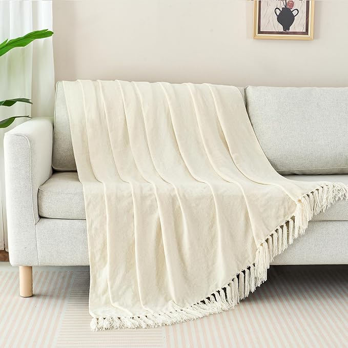 Chenille Throw Blanket for Couch with Tassels,60"X80" Soft Cozy Lightweight Knitted Boho Decorative Blankets for Bed and Sofa,Cream
