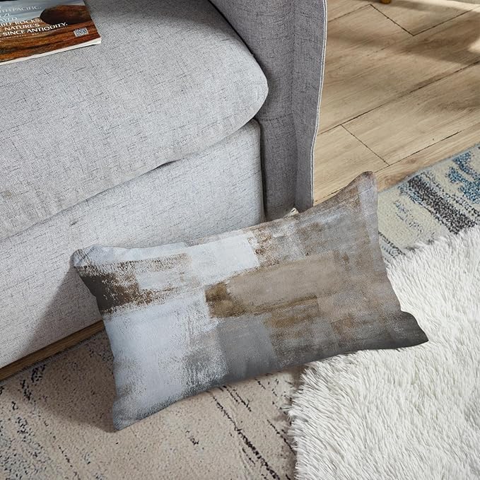 Britimes Throw Pillow Covers Modern Home Art Decor, 12 x 20 Inches Set of 2 Abstract Oil Painting Pillowcases for Bedroom, Living Room, Cushion Couch Sofa, Beige Home Grey Brown
