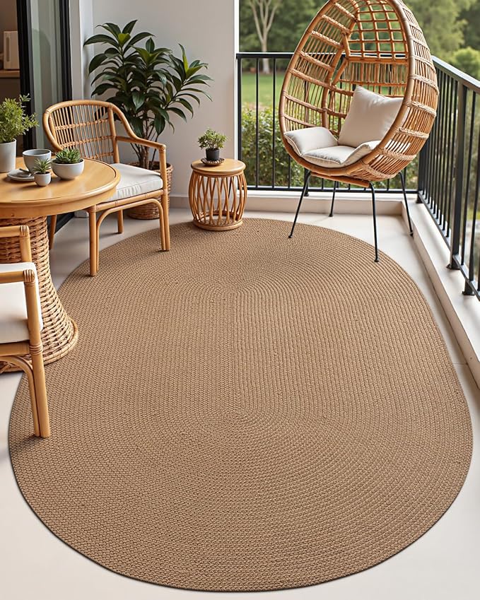 DEXI Oval Easy Jute Rug 6x9, Braided Woven Rustic Rugs No Shed, Large Neutral Area Carpet Mat for Outdoor Patio Dining Living Room Farmhouse, Tan Brown