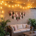 WOODSTICK Large Macrame Wall Hanging 52.3"W x 31"L - Boho Wall Decor in Beige, Old Pink & Green - Chic Woven Leaf Leaves Boho Tapestry, Handmade Cotton Fiber Art, Macrame Wall Décor, Bedroom Tapestry